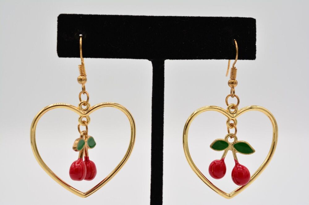Dangle Heart Cherry Earrings Red Green Enamel Gold Tone Valentine's Day BinAB